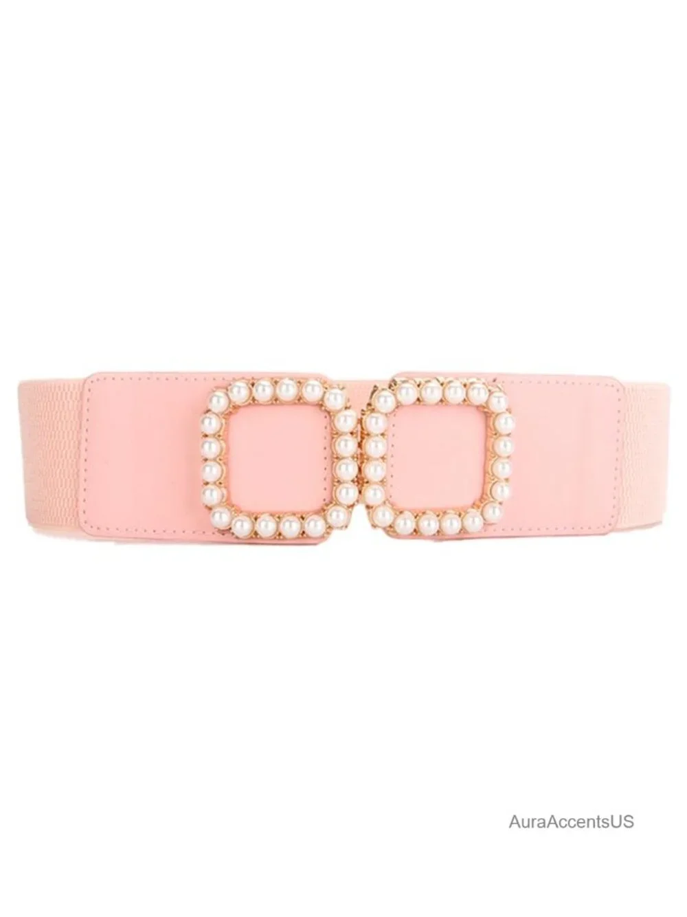 Wide Elastic Waist Belt with Pearl Square Buckle Stretchy Accessory